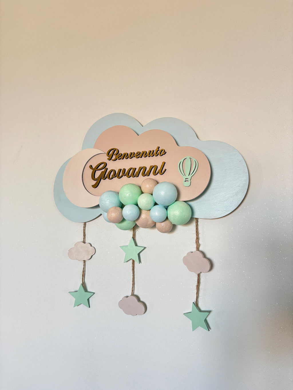 Fiocco Nascita Personalizzato con Luce LED - Nuvola e Mongolfiera in Legno e Plexiglass Specchiato- Decorazione Cameretta Neonato
