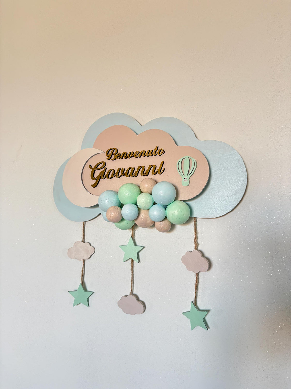 Fiocco Nascita Personalizzato con Luce LED - Nuvola e Mongolfiera in Legno e Plexiglass Specchiato- Decorazione Cameretta Neonato