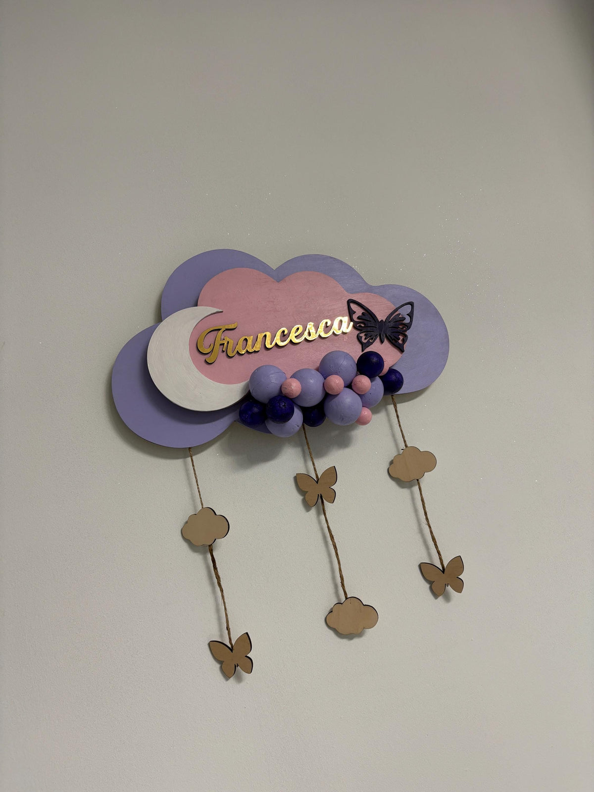 Fiocco Nascita Personalizzato con Luce LED - Nuvola e Mongolfiera in Legno e Plexiglass Specchiato- Decorazione Cameretta Neonato