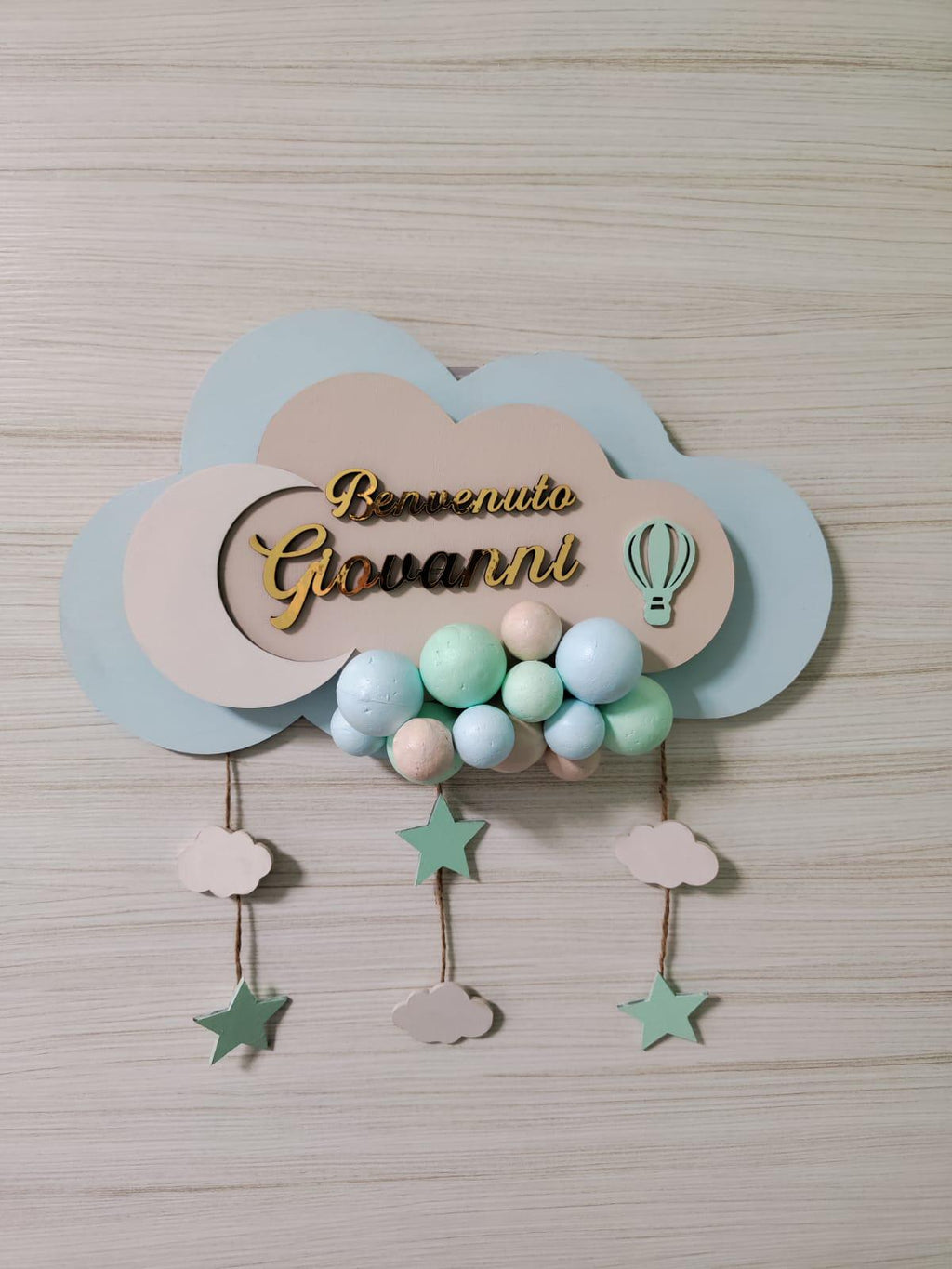 Fiocco Nascita Personalizzato con Luce LED - Nuvola e Mongolfiera in Legno e Plexiglass Specchiato- Decorazione Cameretta Neonato