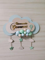 Fiocco Nascita Personalizzato con Luce LED - Nuvola e Mongolfiera in Legno e Plexiglass Specchiato- Decorazione Cameretta Neonato
