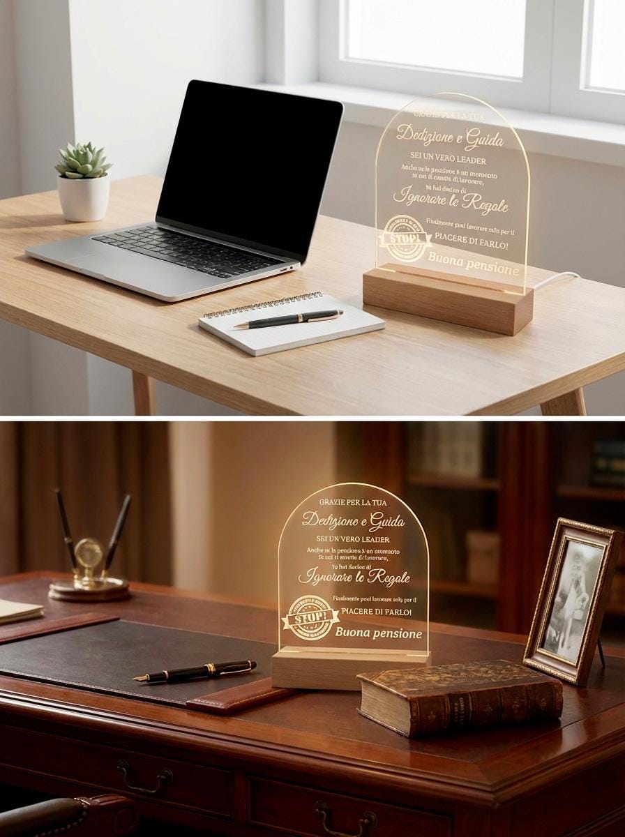Lampada LED Personalizzata Regalo Pensione - Luce Notturna Incisa Laser - Regalo Collega, Capo o Mentore - Base in Legno e Acrilico