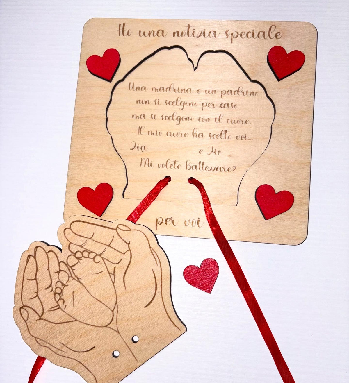 Proposta Madrina e Padrino in Legno Personalizzata - Annuncio Battesimo "Ho una notizia speciale" - Idea Regalo Artigianale