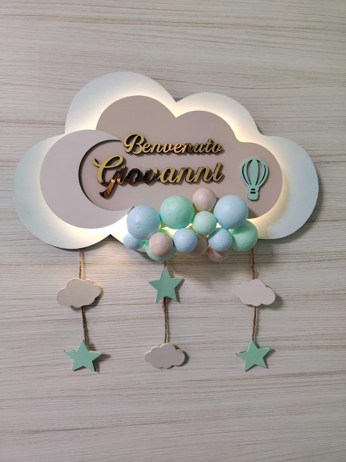 Fiocco Nascita Personalizzato con Luce LED - Nuvola e Mongolfiera in Legno e Plexiglass Specchiato- Decorazione Cameretta Neonato