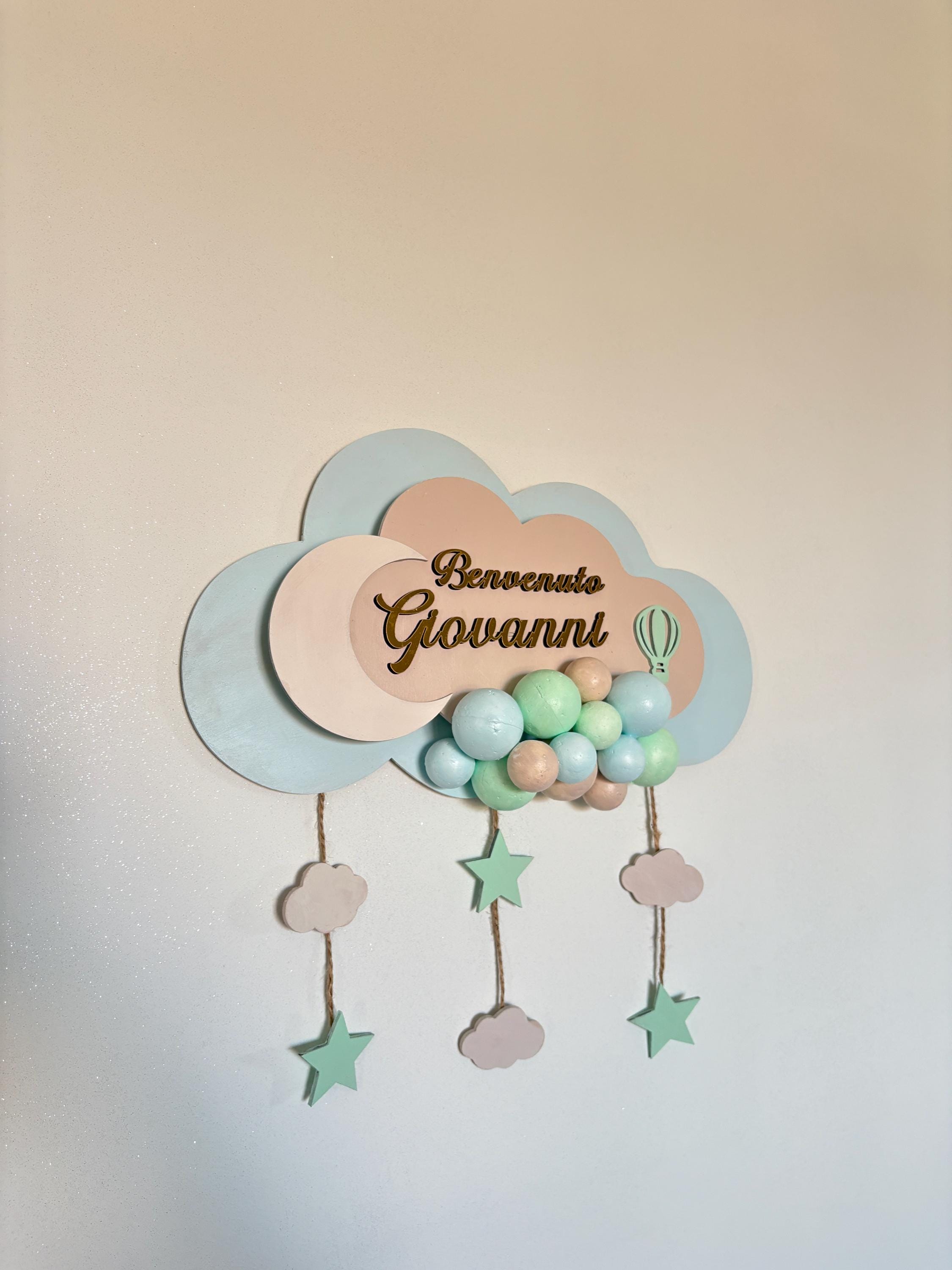 Fiocco Nascita Personalizzato con Luce LED - Nuvola e Mongolfiera in Legno e Plexiglass Specchiato- Decorazione Cameretta Neonato